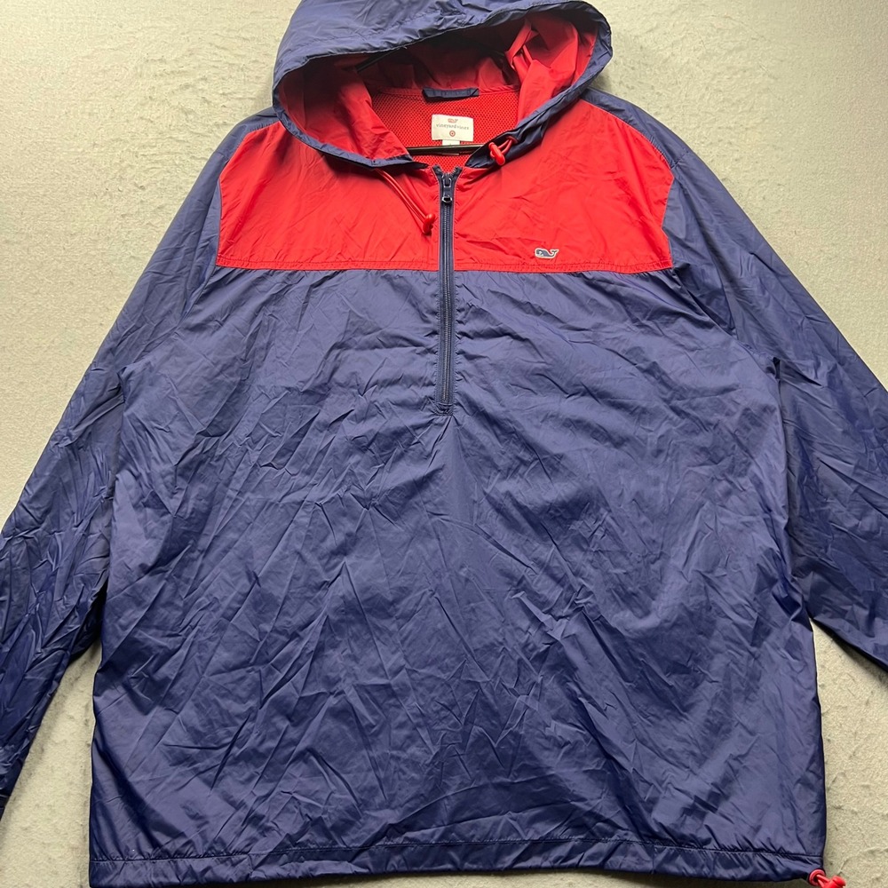 Vineyard Vines Mens Large Windbreaker Jacket Half Zip Navy Red Colorblock Hooded